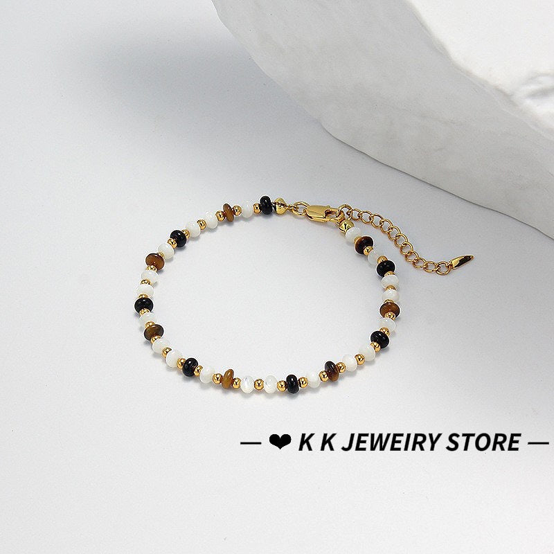 Natural Stone Crystal, Tiger's Eye and Black Agate Bracelet