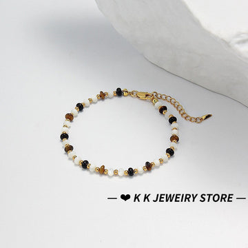 Natural Stone Crystal, Tiger's Eye and Black Agate Bracelet