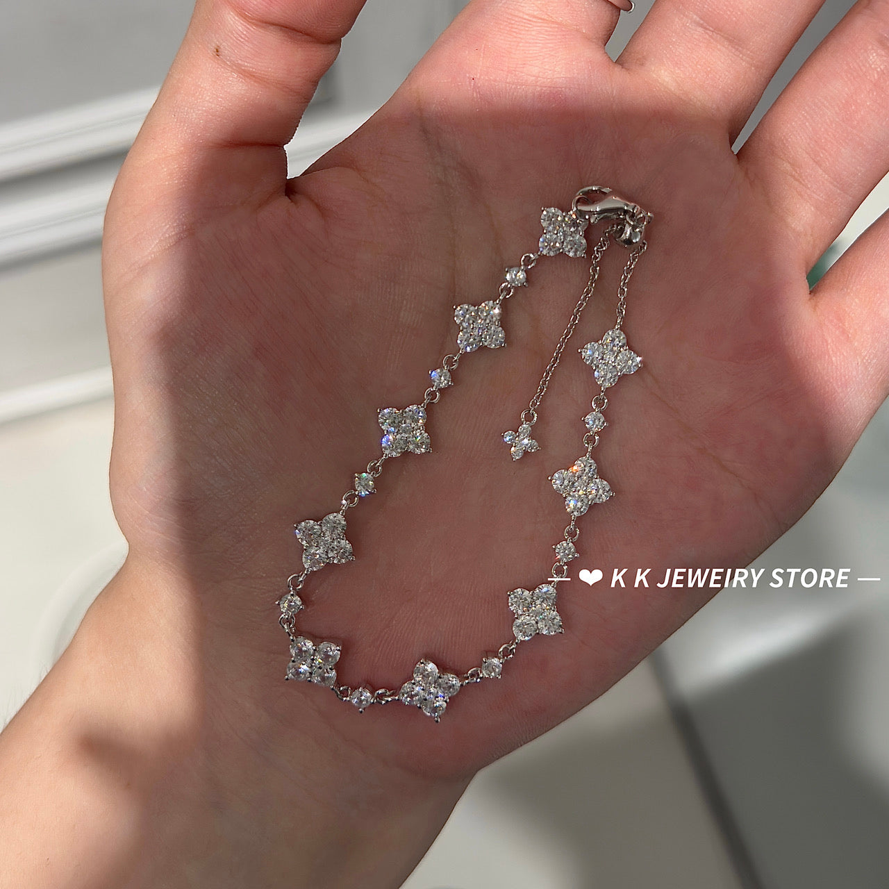 High quality! 925 silver four-leaf full diamond flower flower bracelet