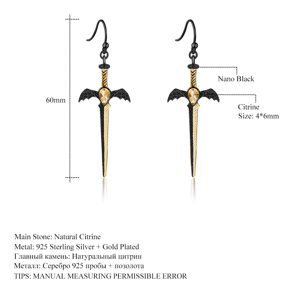 Designer! 925 Silver Natural Colored Gemstone Dark Black Premium Dagger Design Earrings