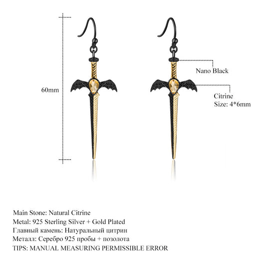 Designer! 925 Silver Natural Colored Gemstone Dark Black Premium Dagger Design Earrings