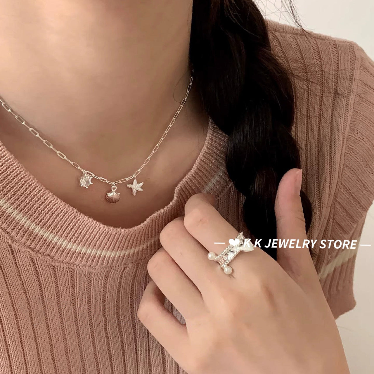 925 silver shell starfish zircon necklace