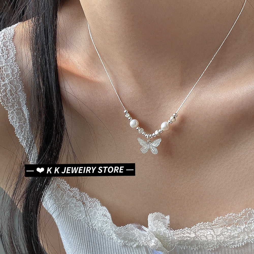 925 Silver Gentle Wind Butterfly Texture Faux Pearl Necklace