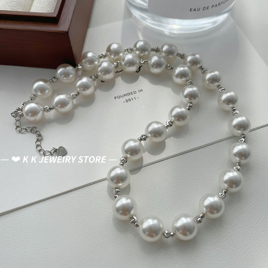 925 Silver Perfect Round Strong Light Faux Pearl Necklace