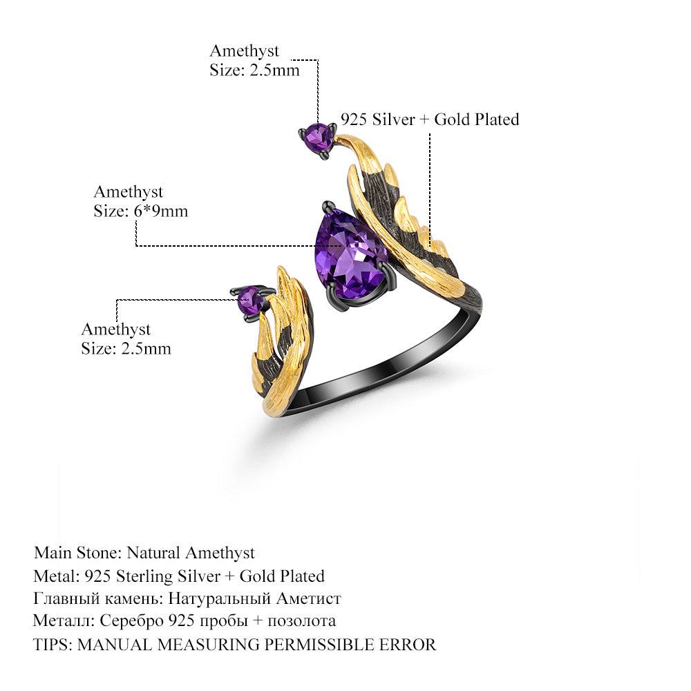 Designer! 925 Silver Natural Amethyst Dark Wind Italian Craft Ring