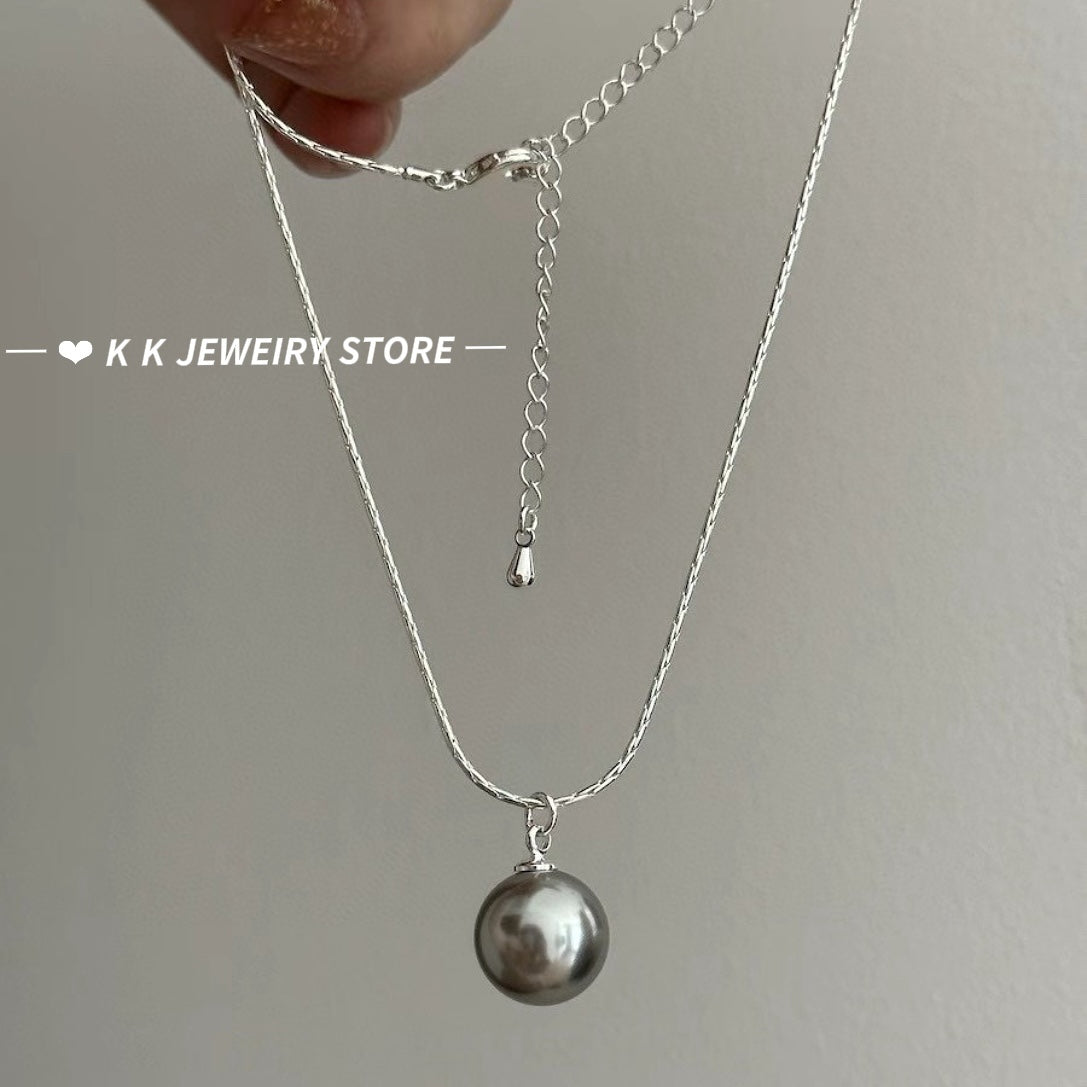 925 Sterling Silver Artificial Gray Single Pearl Pendant Necklace