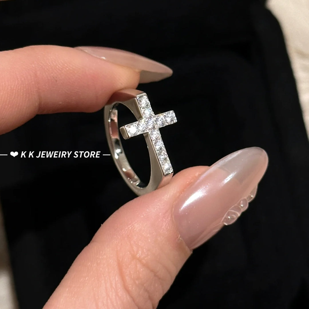925 Silver Plated White Gold Cross Ring