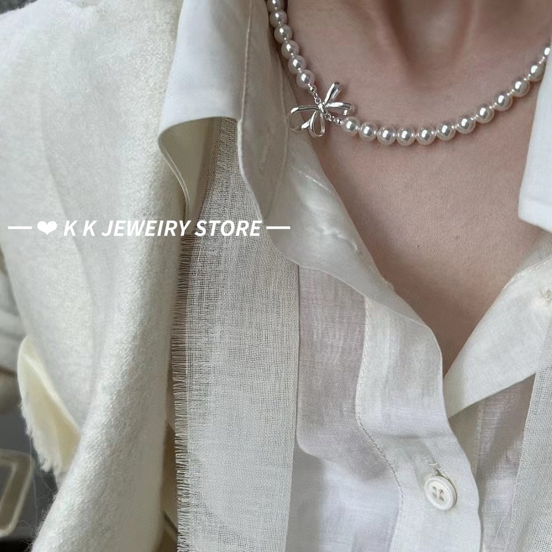 925 Silver Sweet Bow Pearl Necklace