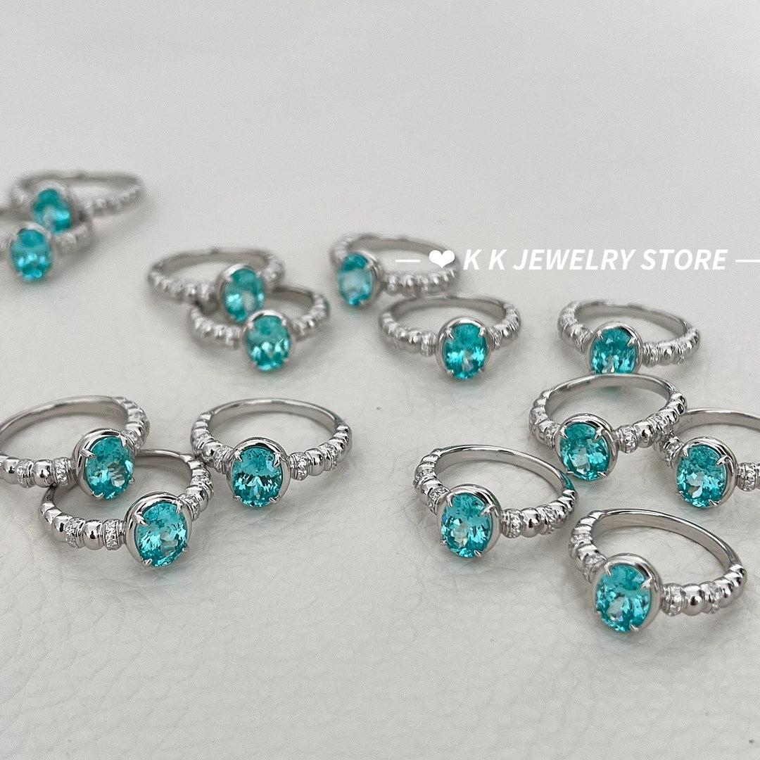 925 Silver 6×8mm Ice Flower Cut Light Sea Blue Ring