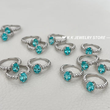 925 Silver 6×8mm Ice Flower Cut Light Sea Blue Ring