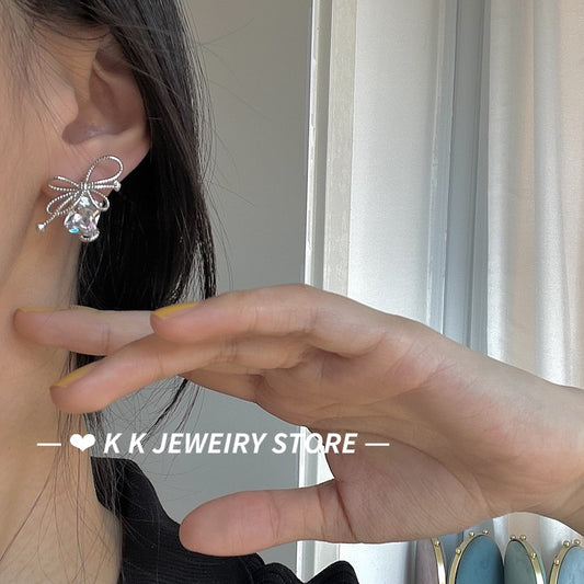 Bowknot Knot Rectangular Zircon Stud Earrings