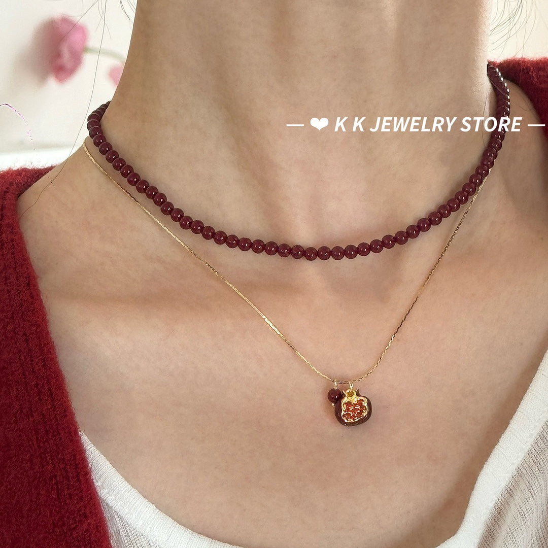 Pomegranate red bean diamond pendant necklace