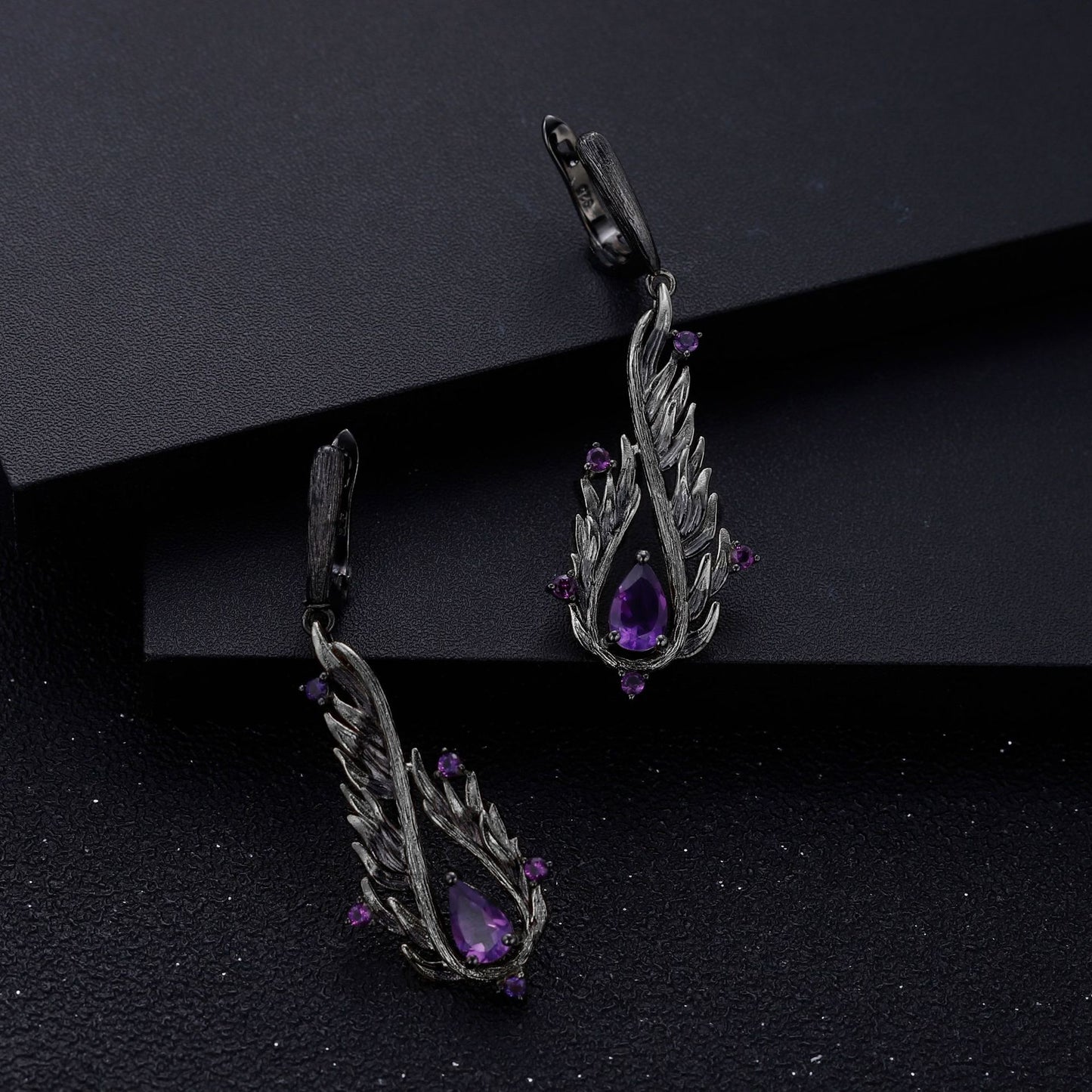 Designer! 925 silver natural amethyst dark retro style Italian craft earrings