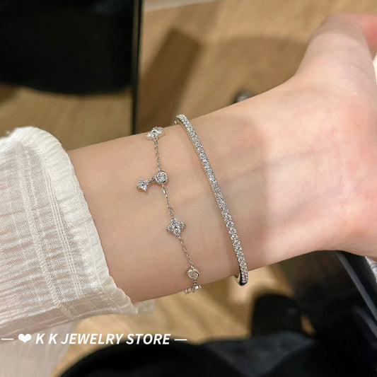 925 Silver Four-Leaf Bubble Diamond Bracelet