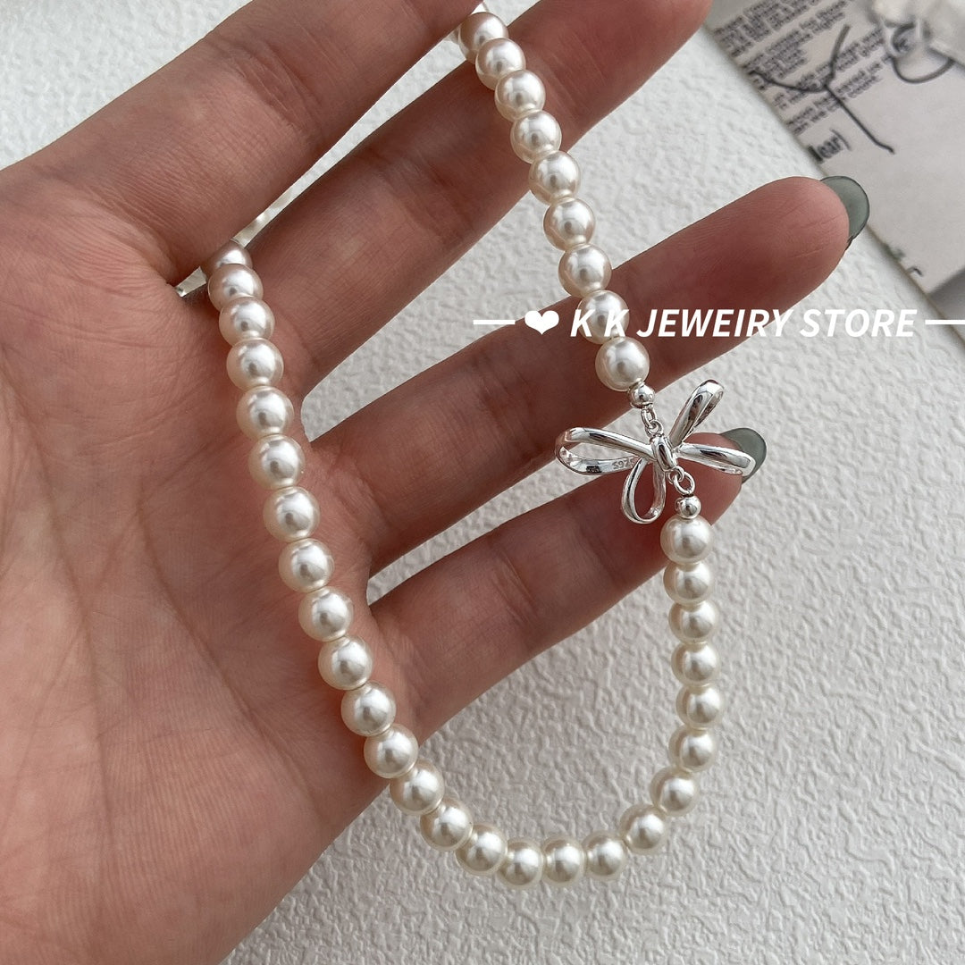 925 Silver Sweet Bow Pearl Necklace