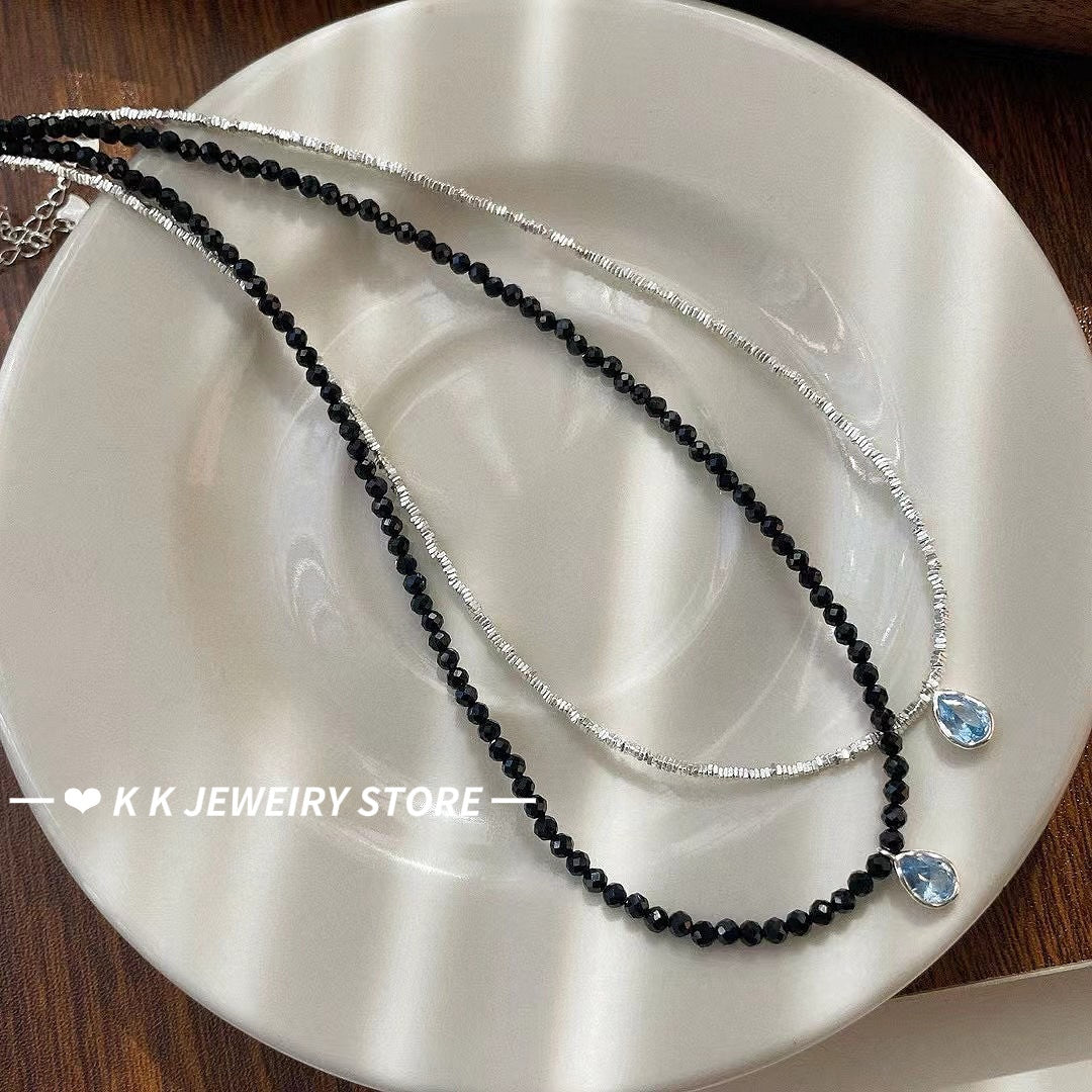 925 silver crushed silver black spinel blue zircon necklace