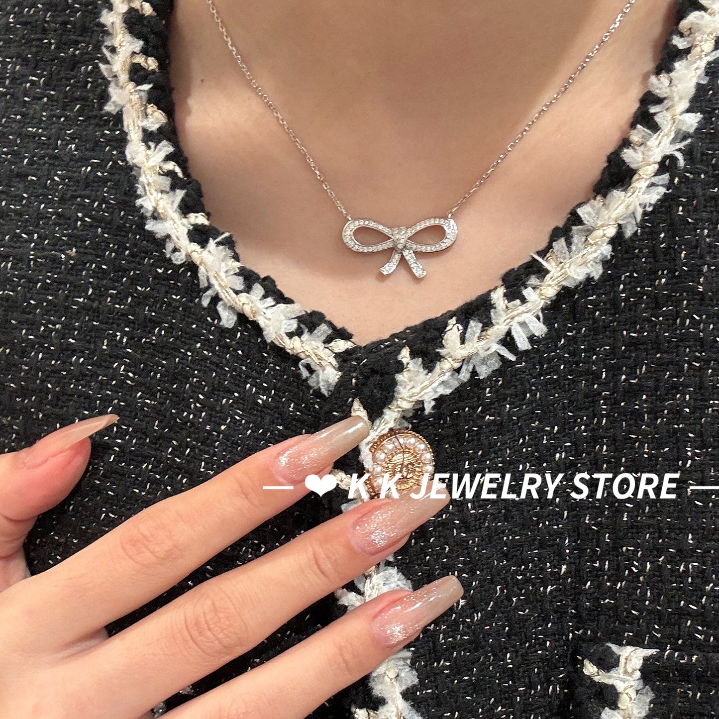 925 Silver Bow Ribbon Full Diamond Necklace