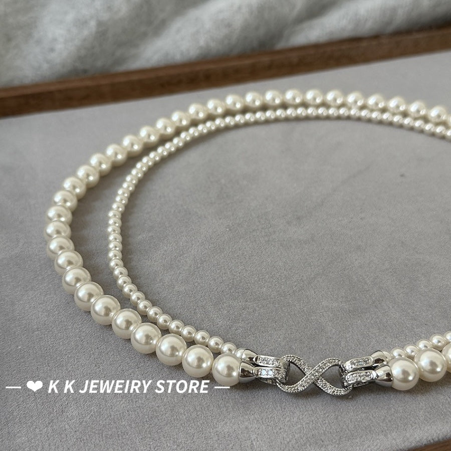 Figure-eight buckle gray double-layered pearl necklace