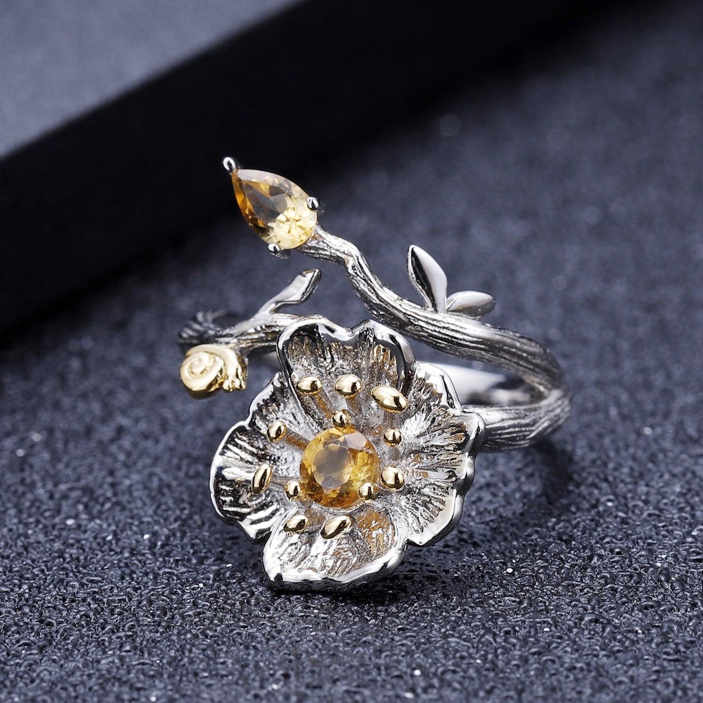 Designer! 925 Silver Natural Topaz Plum Blossom Gemstone Ring