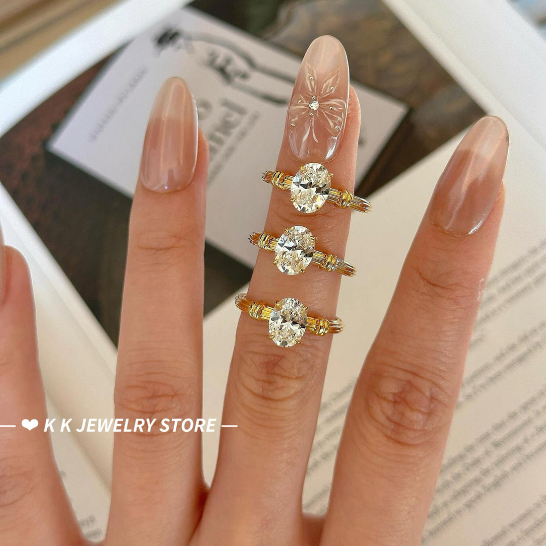 925 Silver Gold-Plated 6×8mm Knotted Solitaire Diamond Ring