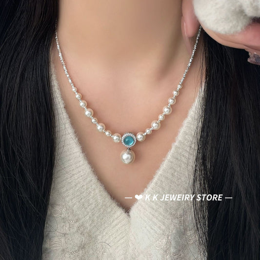 925 Silver Natural Aquamarine Crushed Silver Faux Pearl Necklace