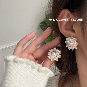 Silver Needle Pearl Flower Cluster Earrings