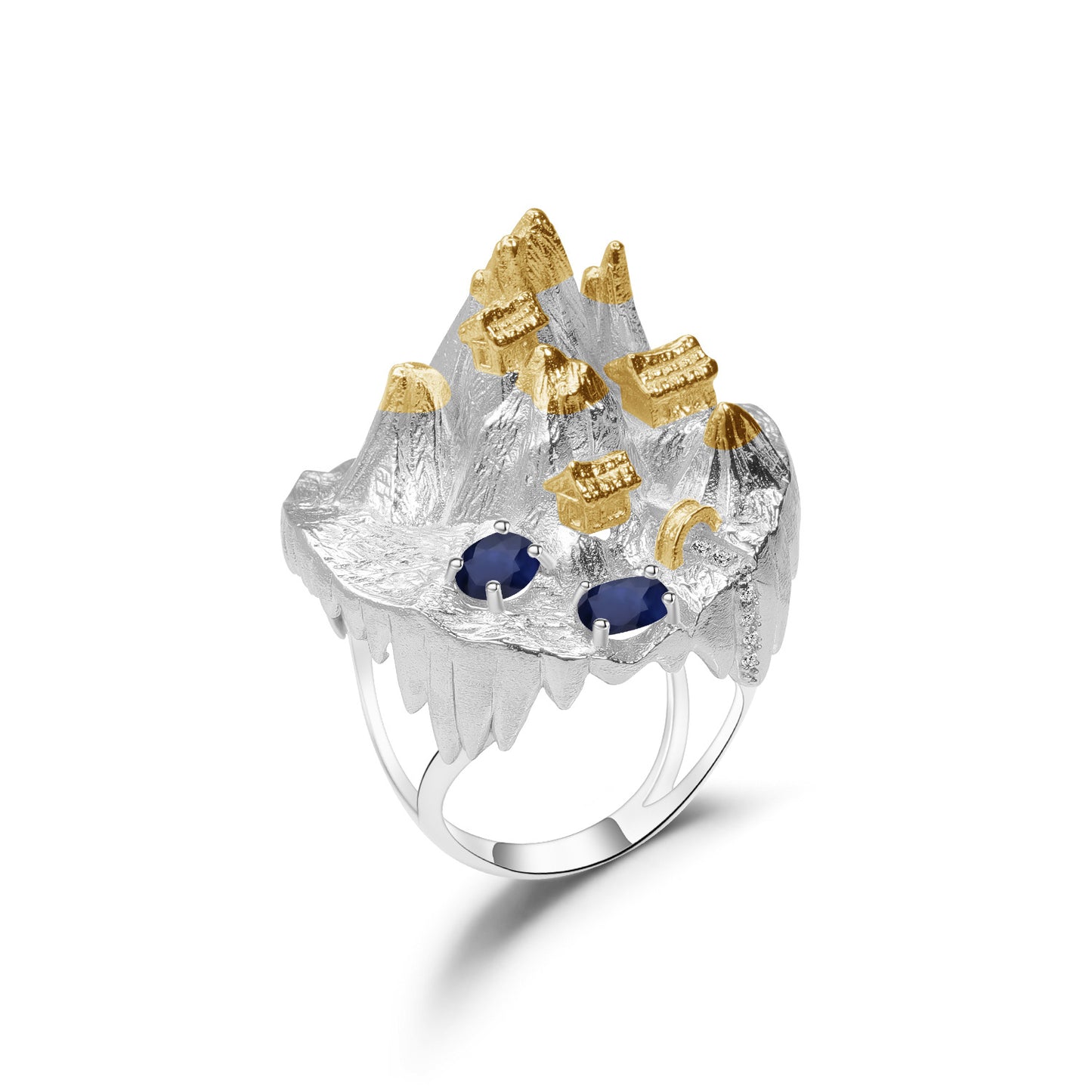 Designer! 925 silver inlaid with natural gemstones Chinese wind mountains and seas design ring