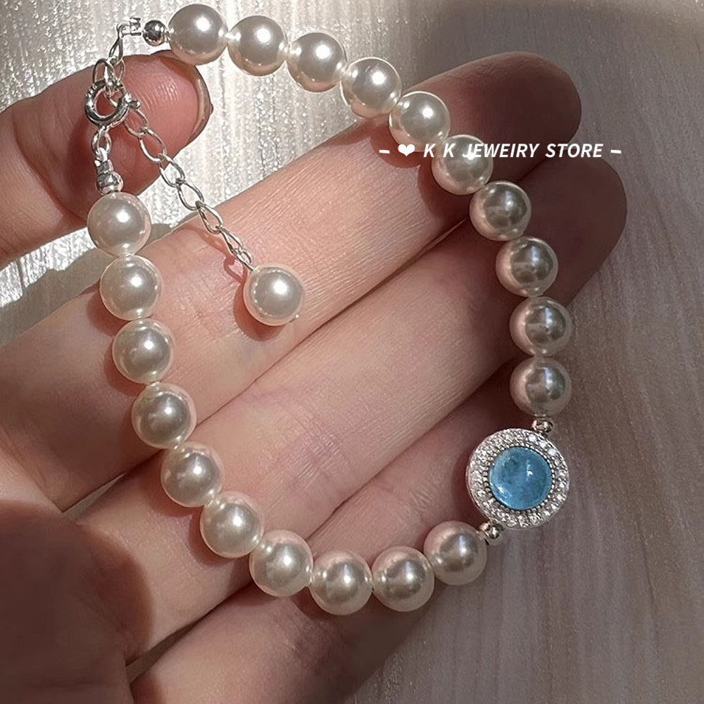 925 Silver Natural Aquamarine Faux Pearl Bracelet