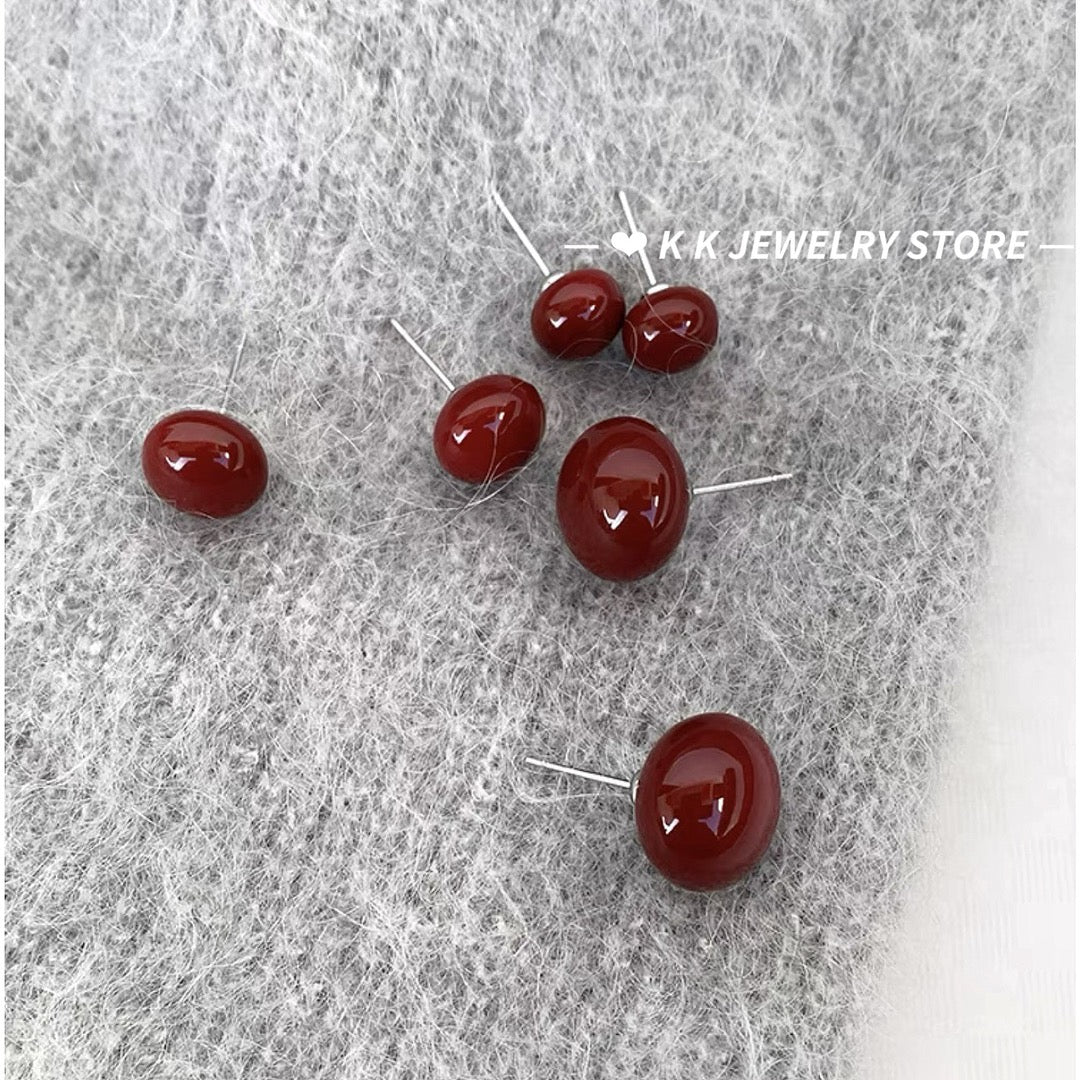 Burgundy drop glazed 925 silver pin stud earrings