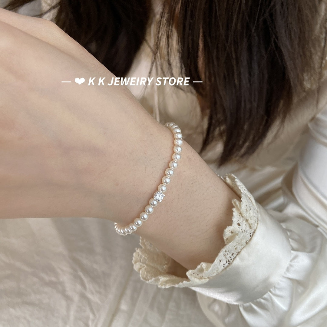 925 Silver Small Sugar Cube Artificial Pearl Bracelet