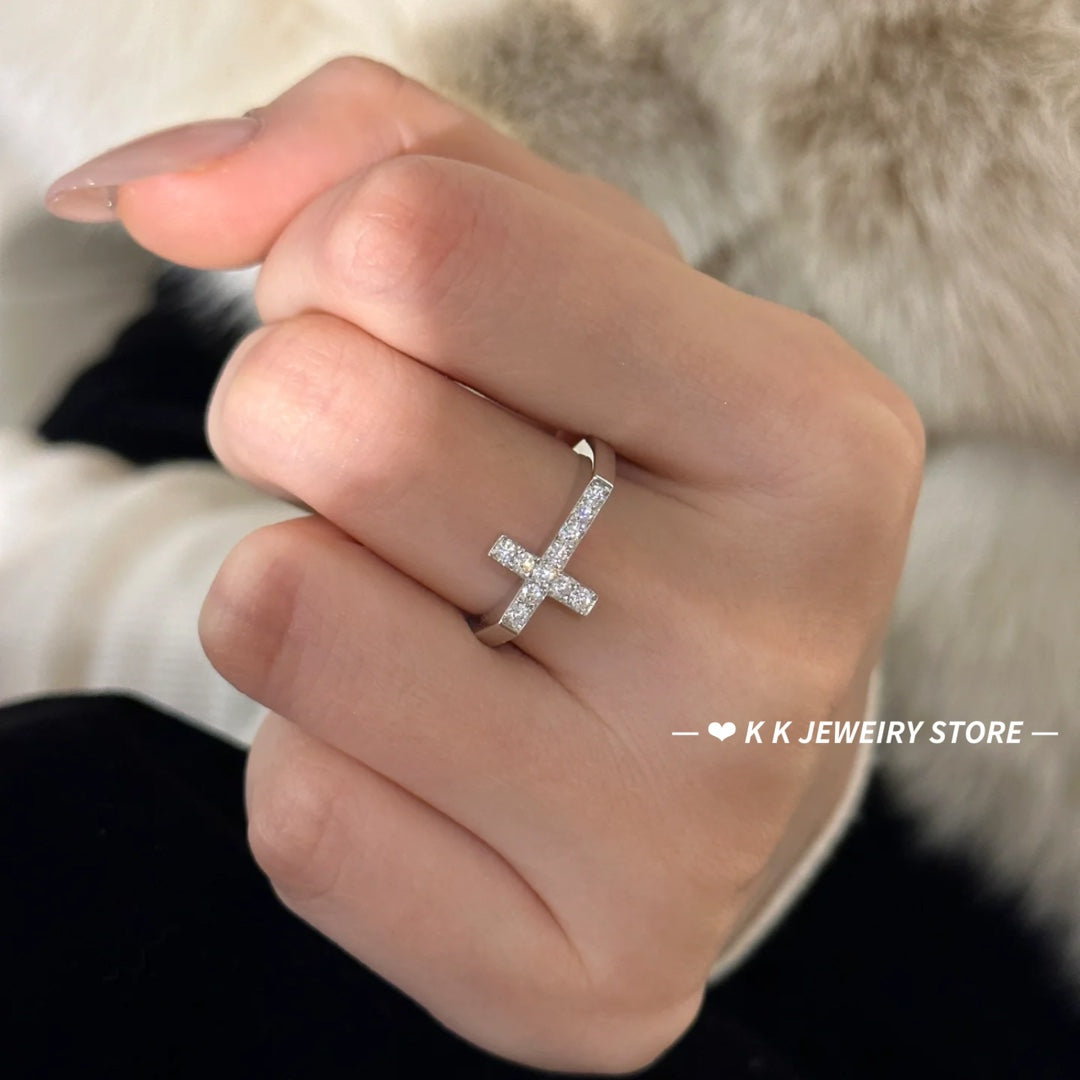 925 Silver Plated White Gold Cross Ring
