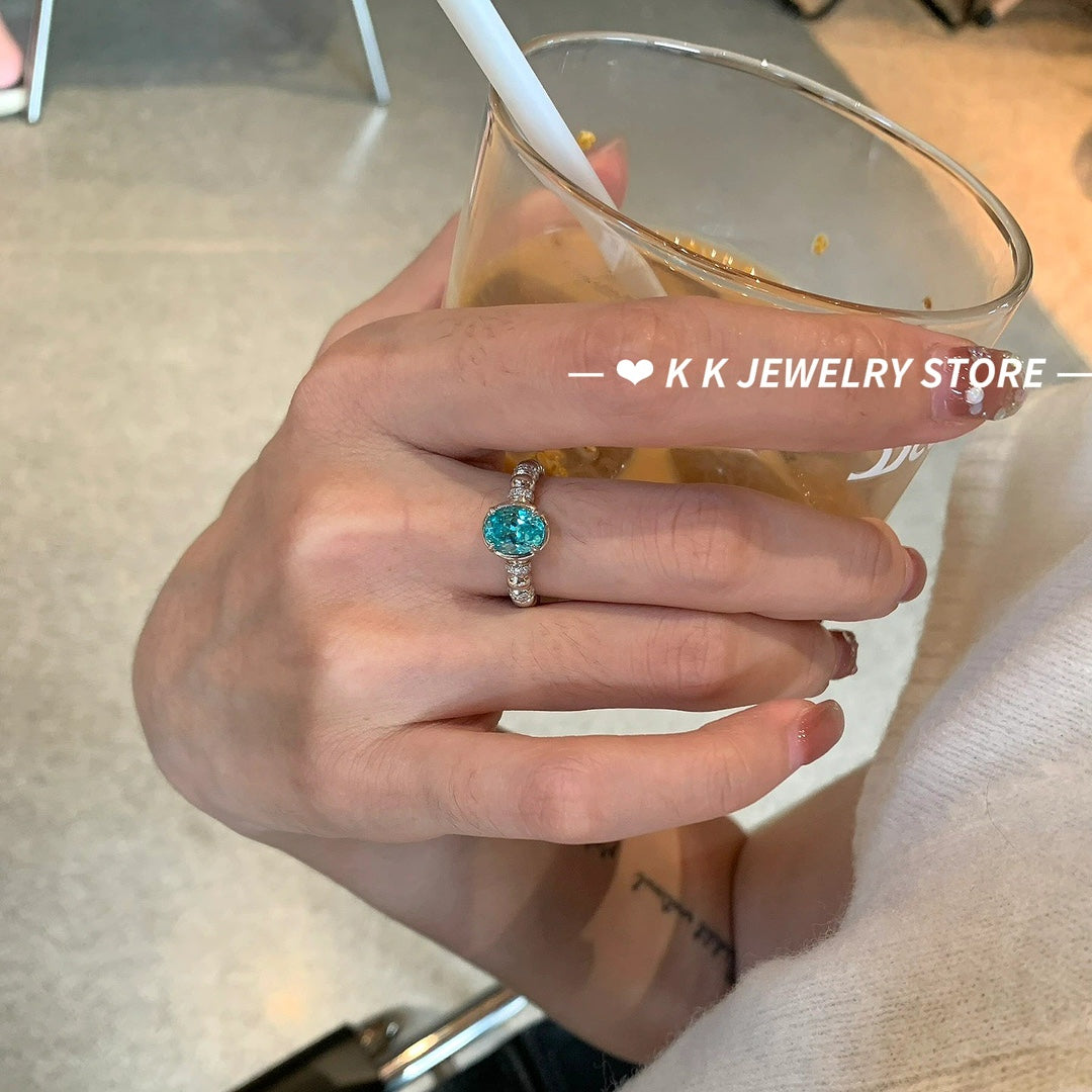 925 Silver 6×8mm Ice Flower Cut Light Sea Blue Ring