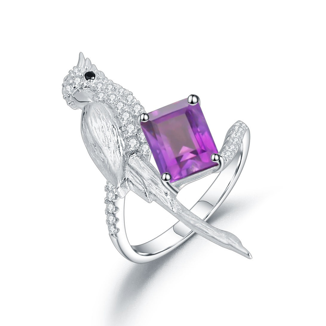 Designer model!! 925 Silver Set Natural Amethyst Ring Gemstone Ring Bird Design