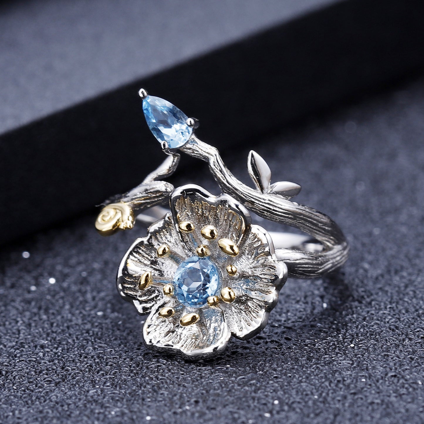 Designer! 925 Silver Natural Topaz Plum Blossom Gemstone Ring