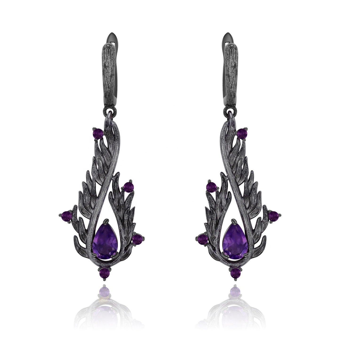 Designer! 925 silver natural amethyst dark retro style Italian craft earrings