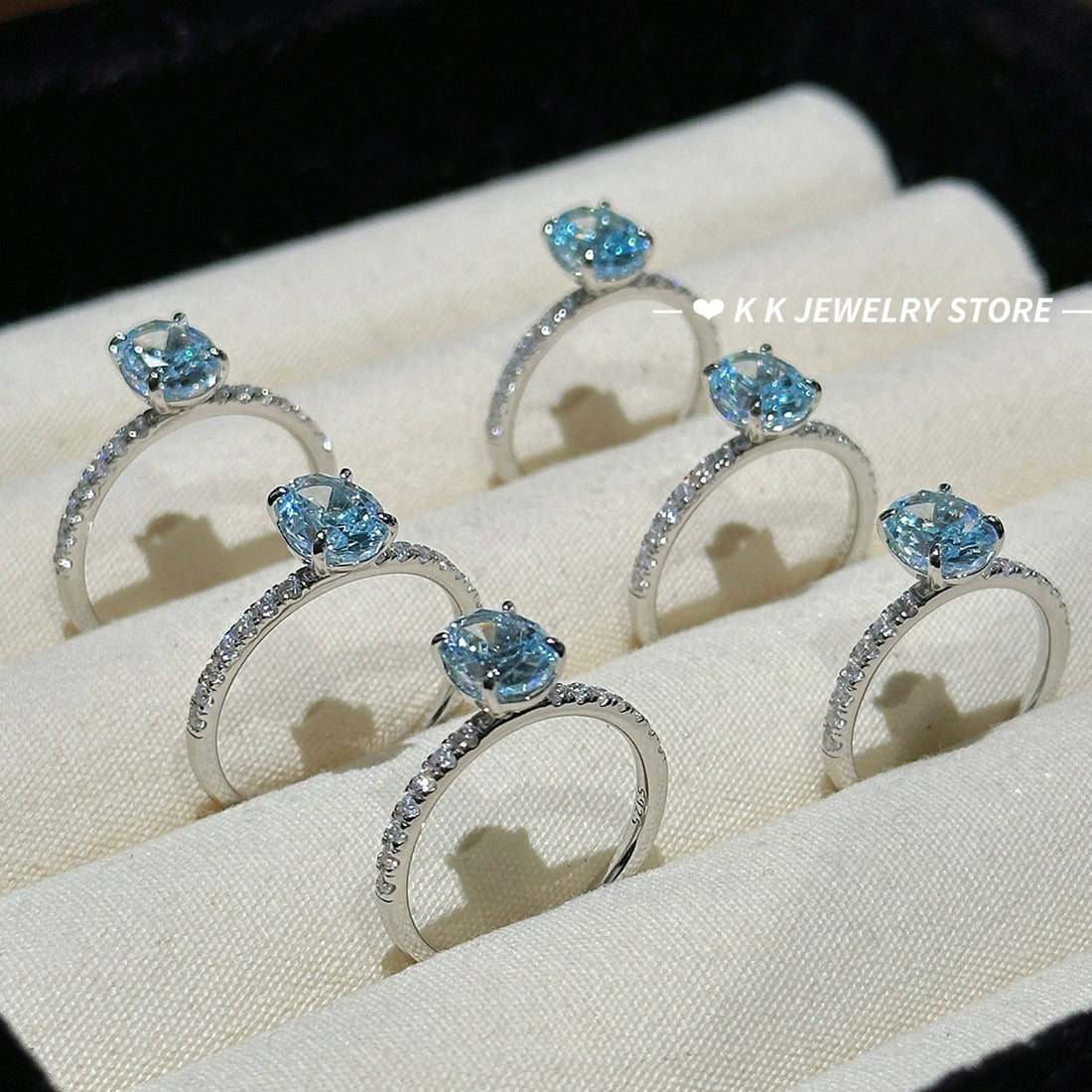 925 Silver High Carbon Diamond 6×8mm Ocean Blue Diamond Ring