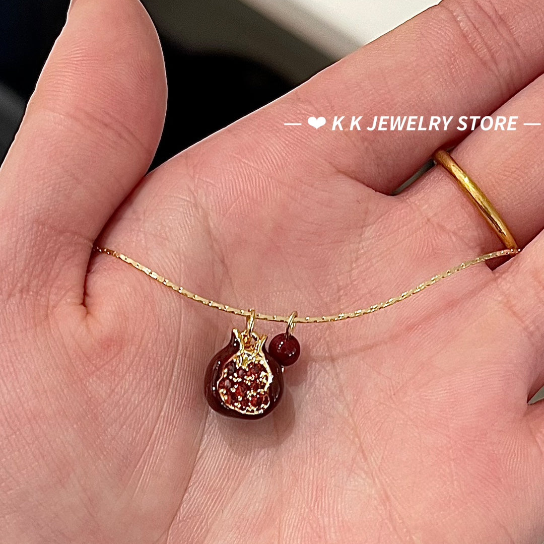 Pomegranate red bean diamond pendant necklace