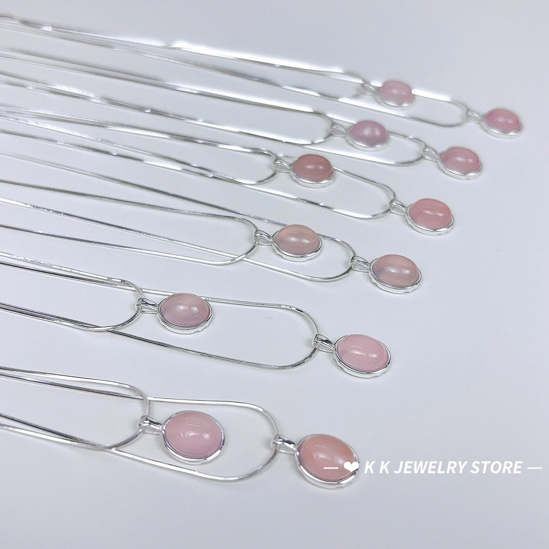 925 Silver Natural Cherry Blossom Pink Chalcedony Necklace