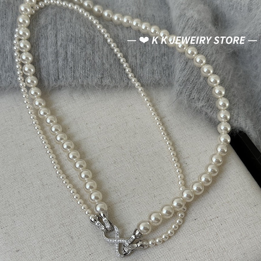 Figure-eight buckle gray double-layered pearl necklace