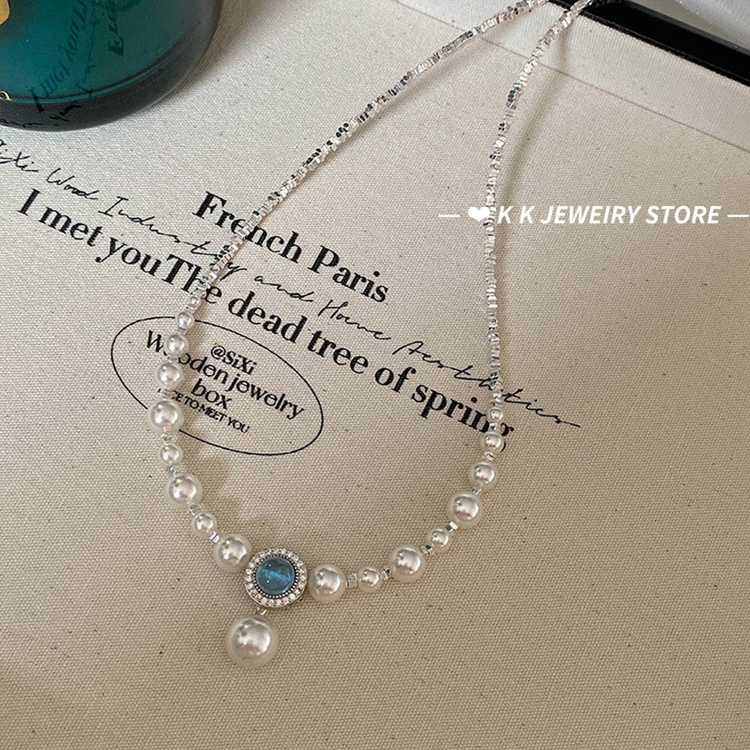 925 silver natural aquamarine crushed silver faux pearl necklace