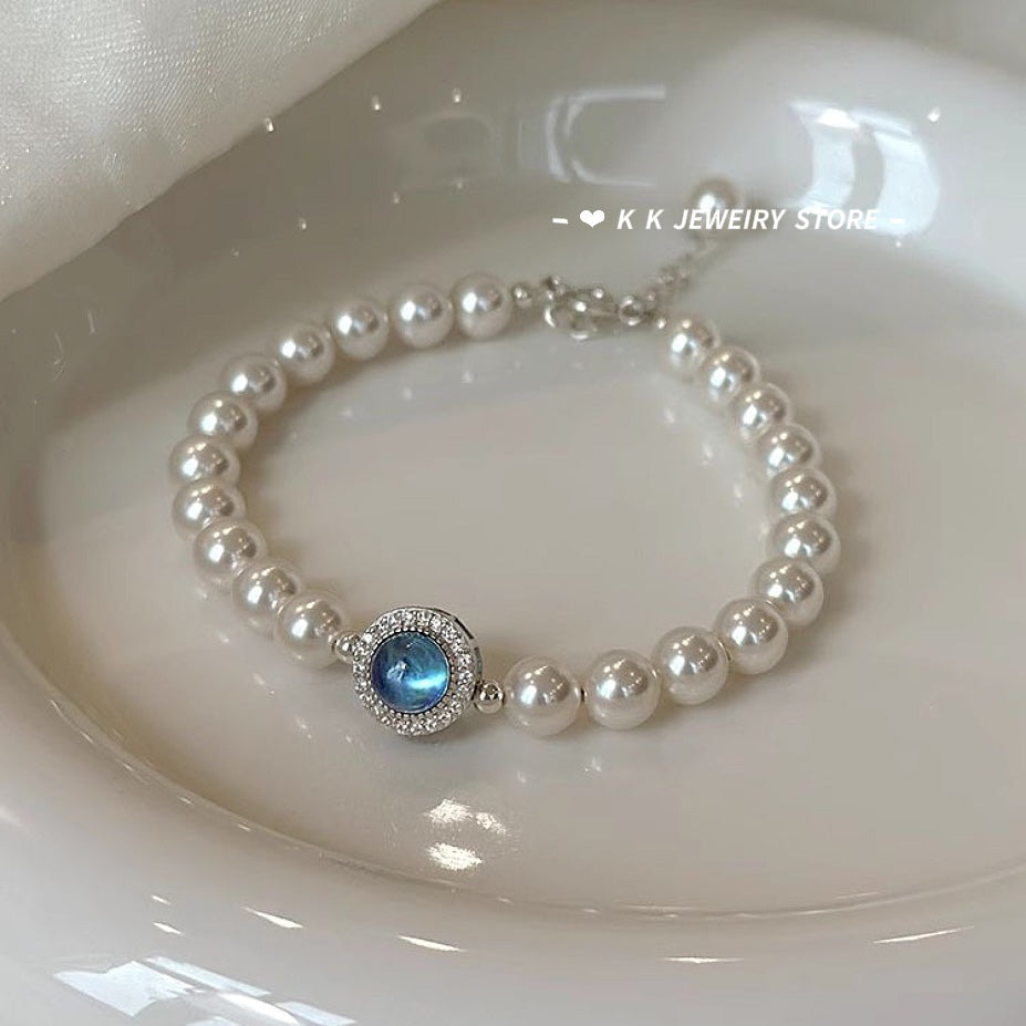 925 Silver Natural Aquamarine Faux Pearl Bracelet