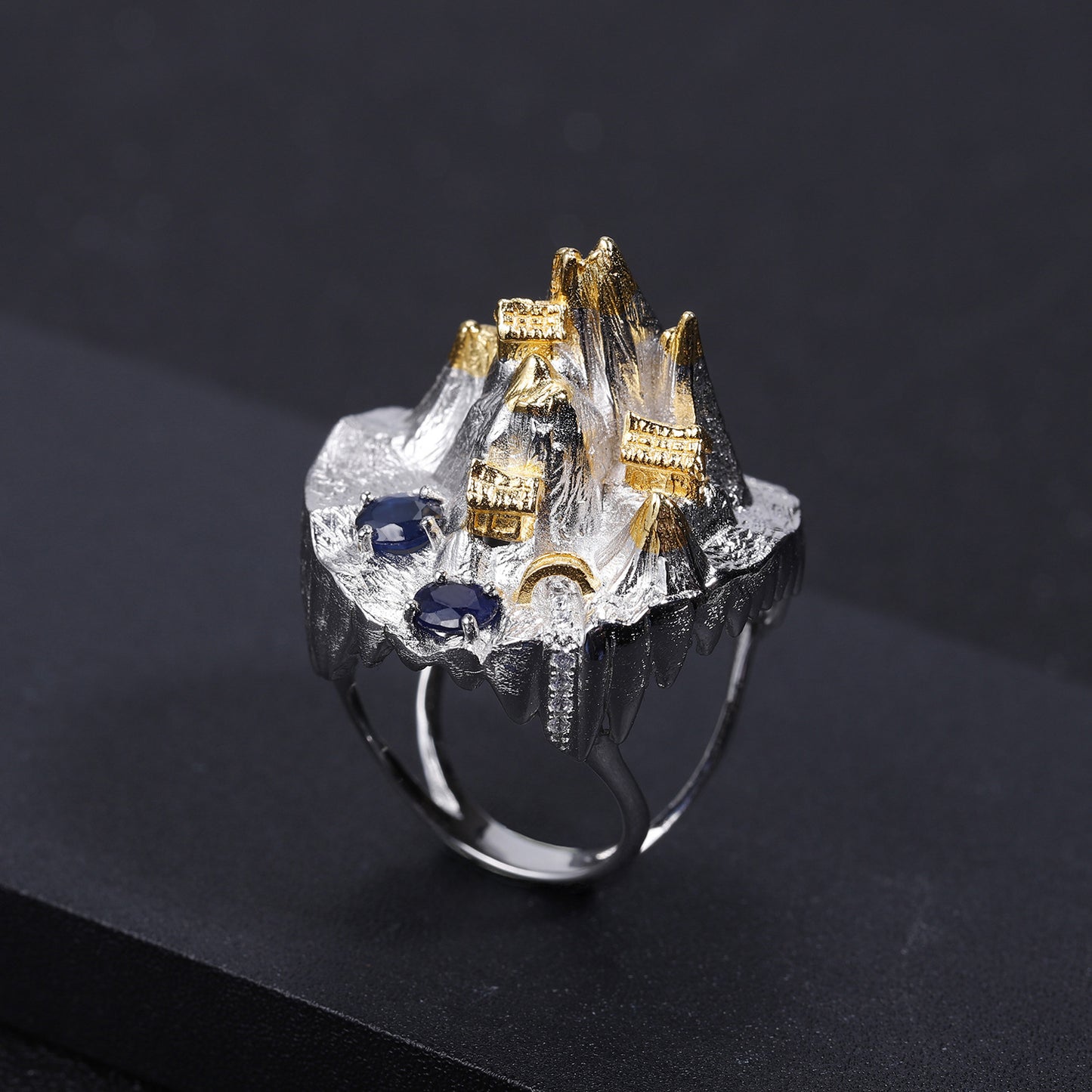 Designer! 925 silver inlaid with natural gemstones Chinese wind mountains and seas design ring