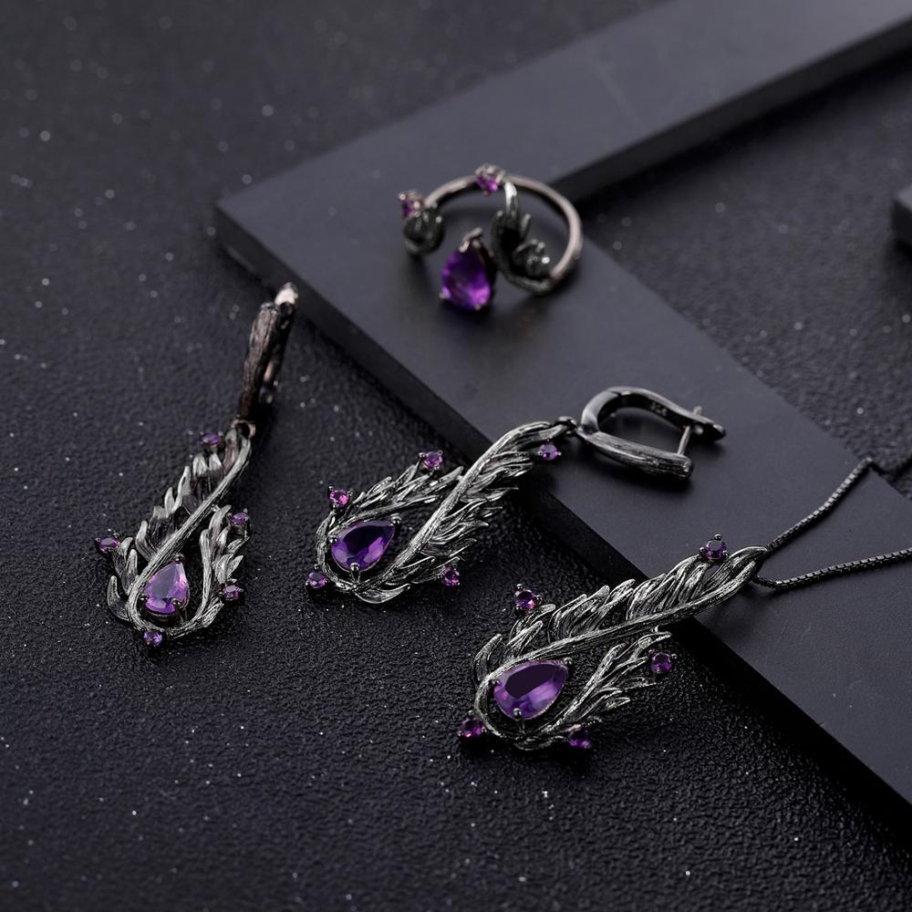 Designer! 925 silver natural amethyst dark retro style Italian craft earrings