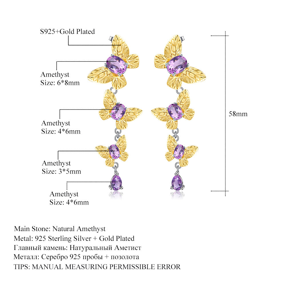 Designer! 925 Silver Natural Amethyst Gemstone Butterfly Design Earrings