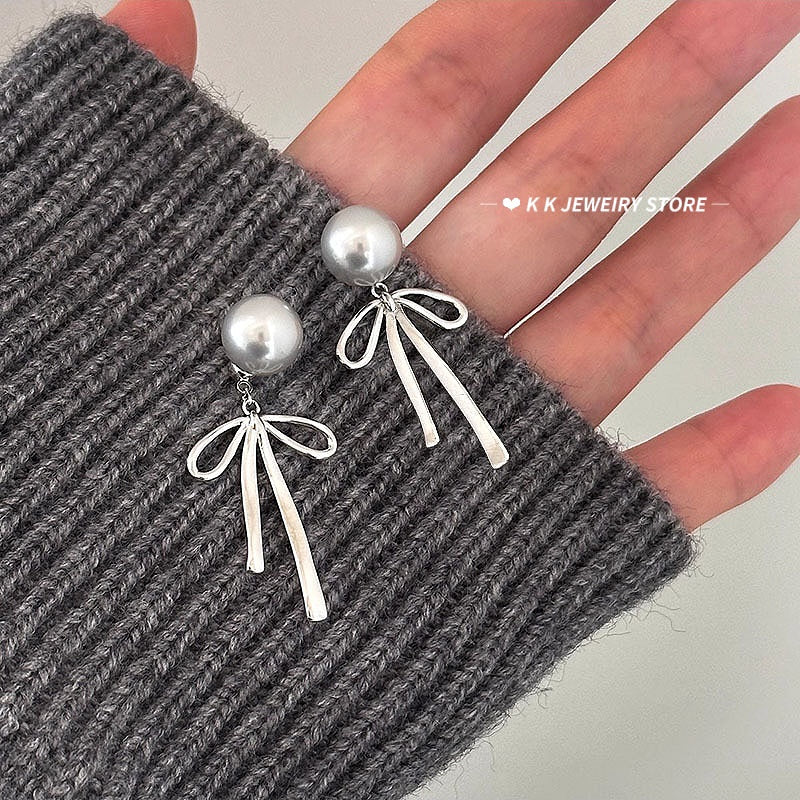 925 silver faux grey pearl bow stud earrings