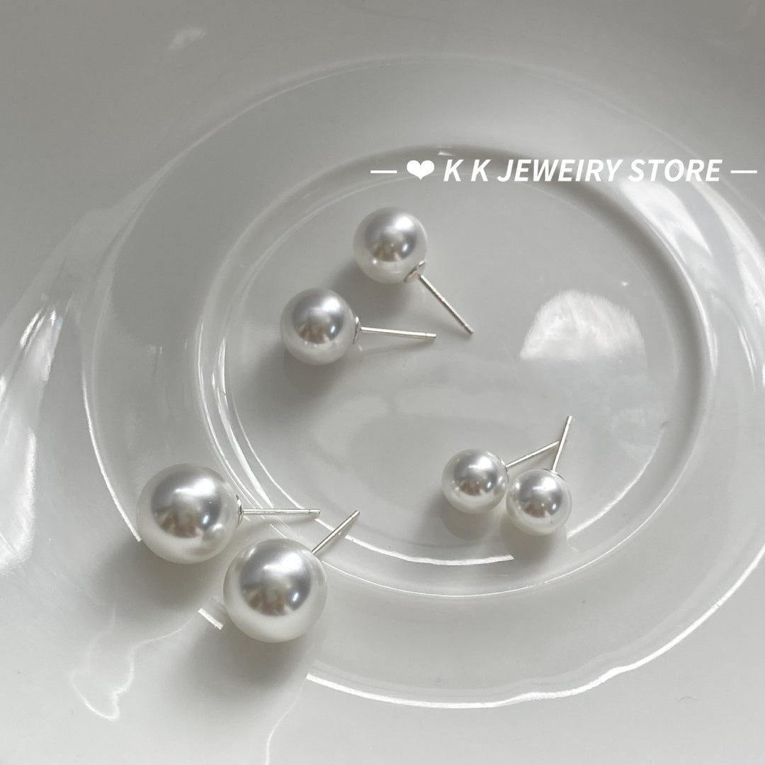 925 Silver Artificial Cool White Pearl Stud Earrings