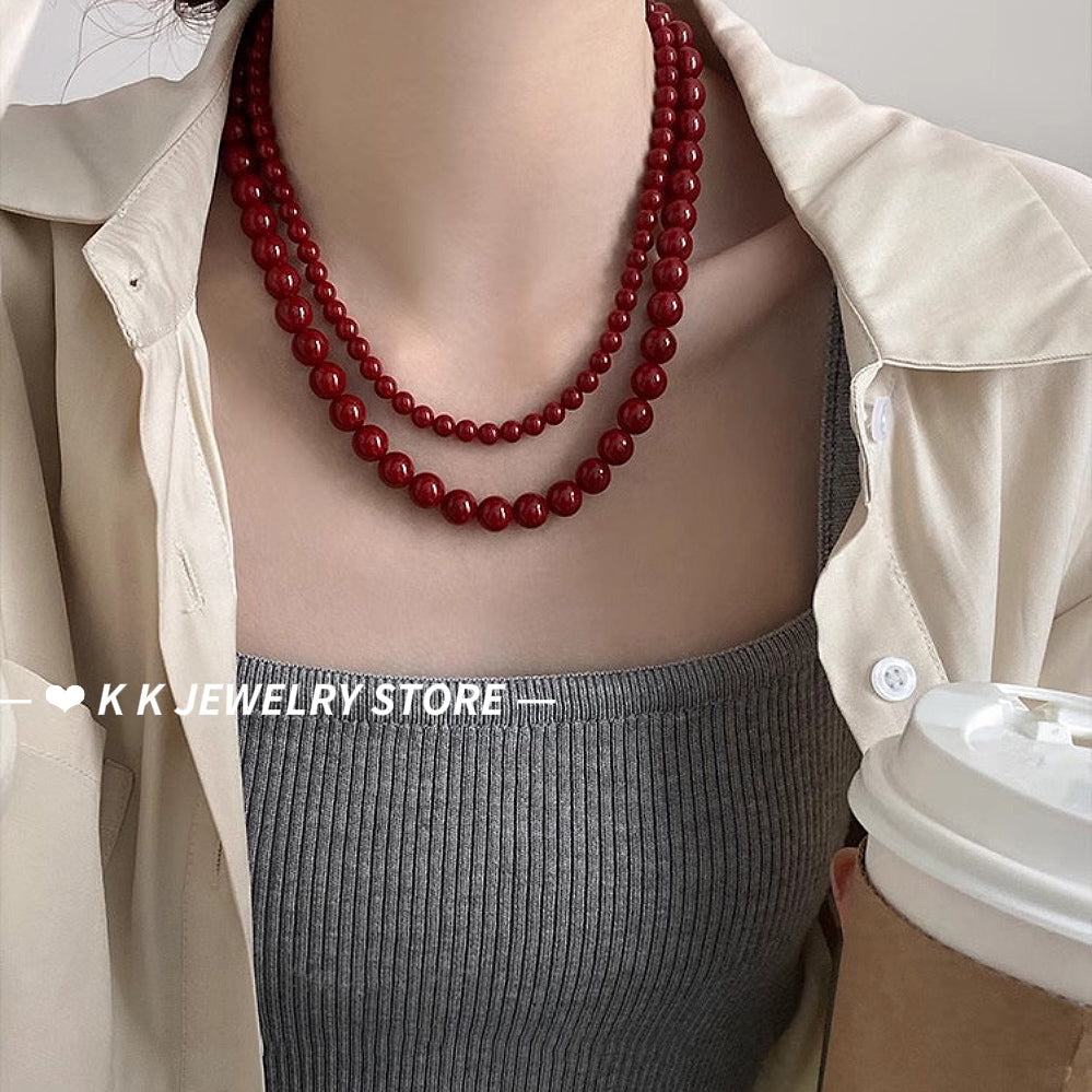 Full of atmosphere ~ 925 silver encore red faux pearl necklace