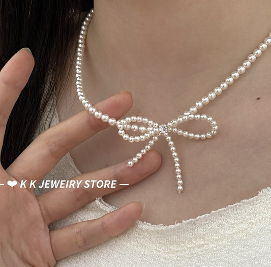 Sterling Silver Bowknot Artificial Pearl Necklace