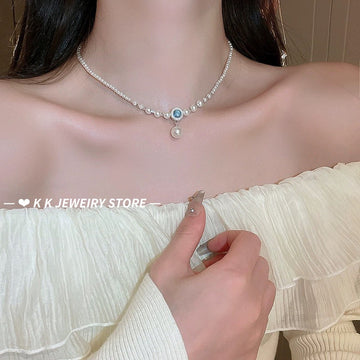 925 Silver Artificial Pearl Natural Aquamarine Necklace