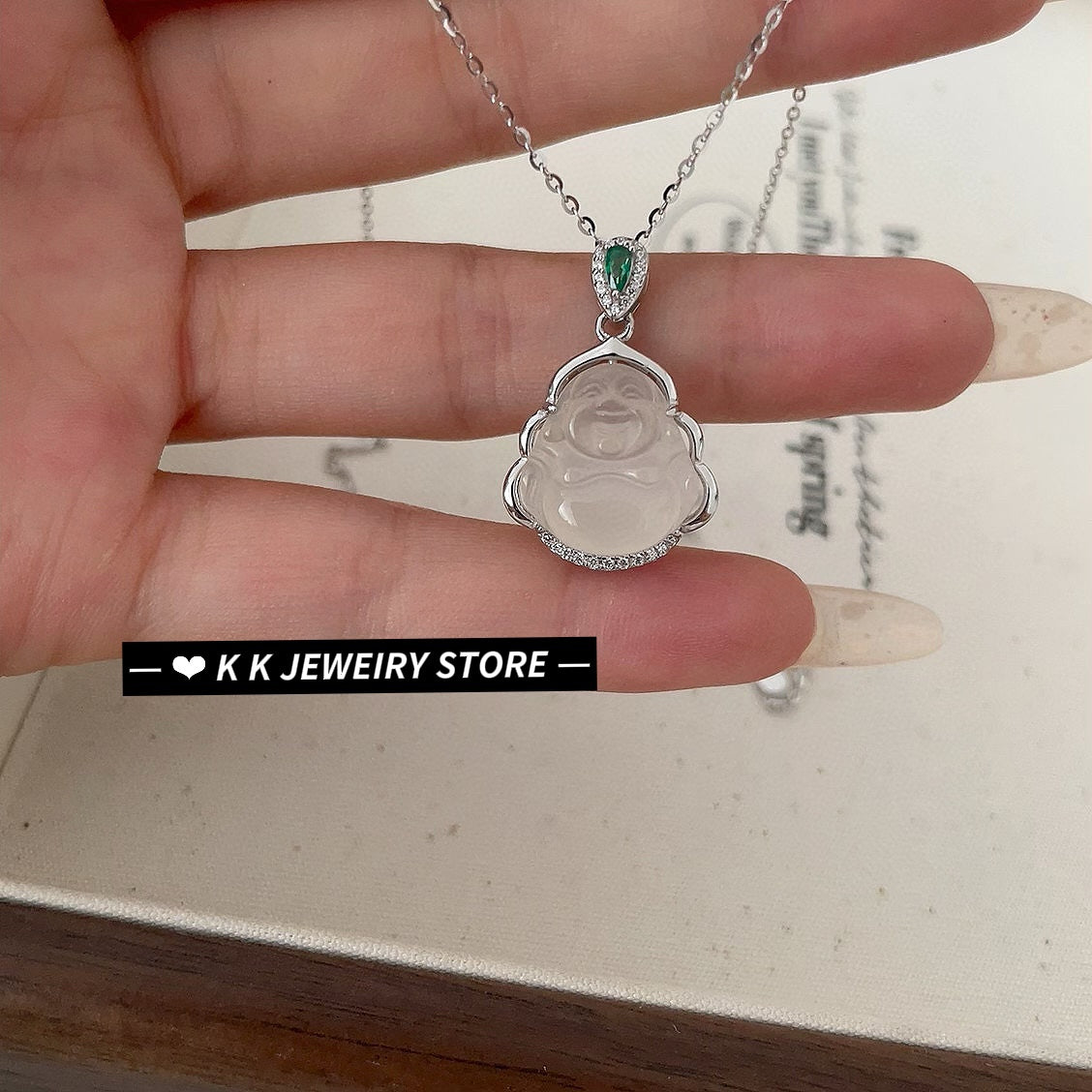 925 silver and white chalcedony Maitreya Buddha necklace